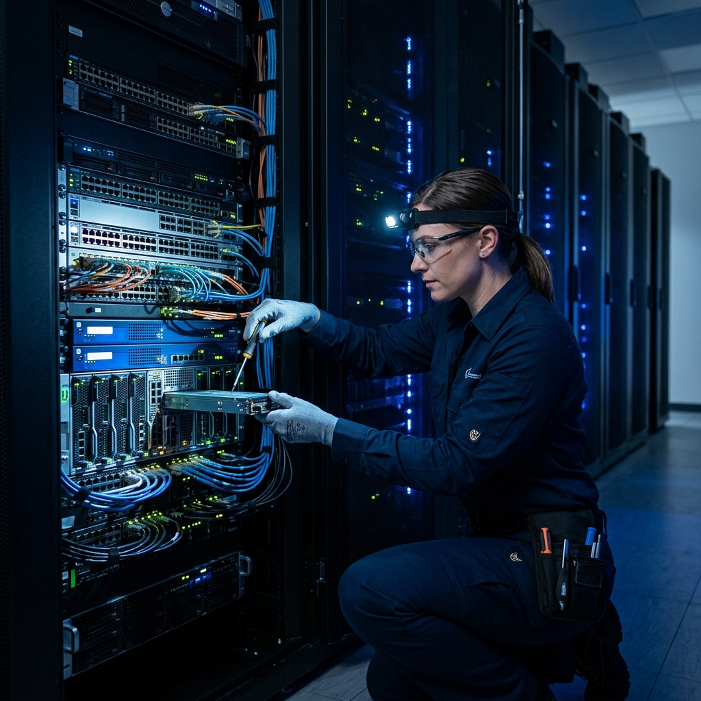 Técnico profesional realizando mantenimiento a sistemas y redes